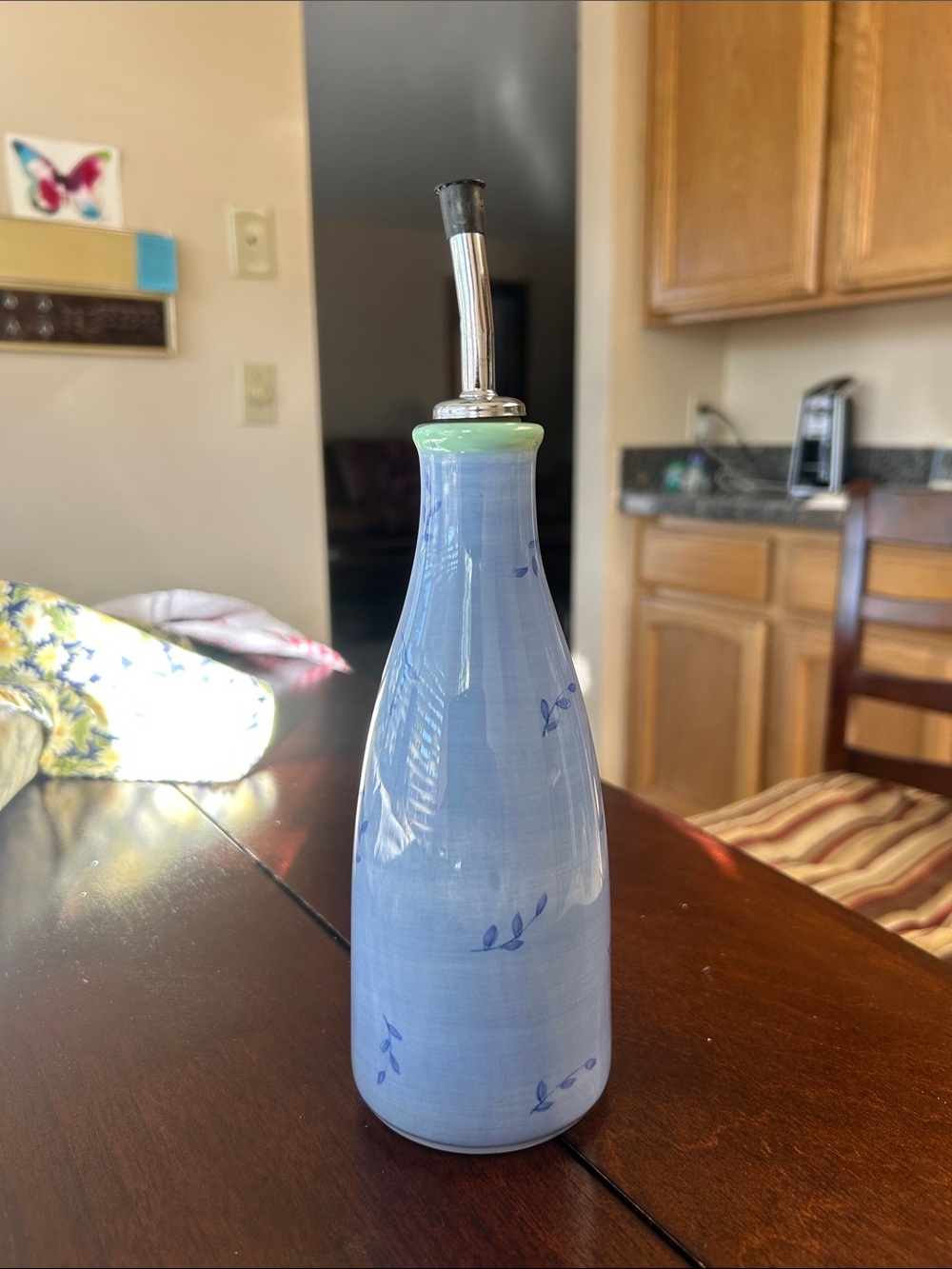 Pfaltzgraff Floral Breeze - Blue Ceramic Olive Oil Pourer with Green Rim
